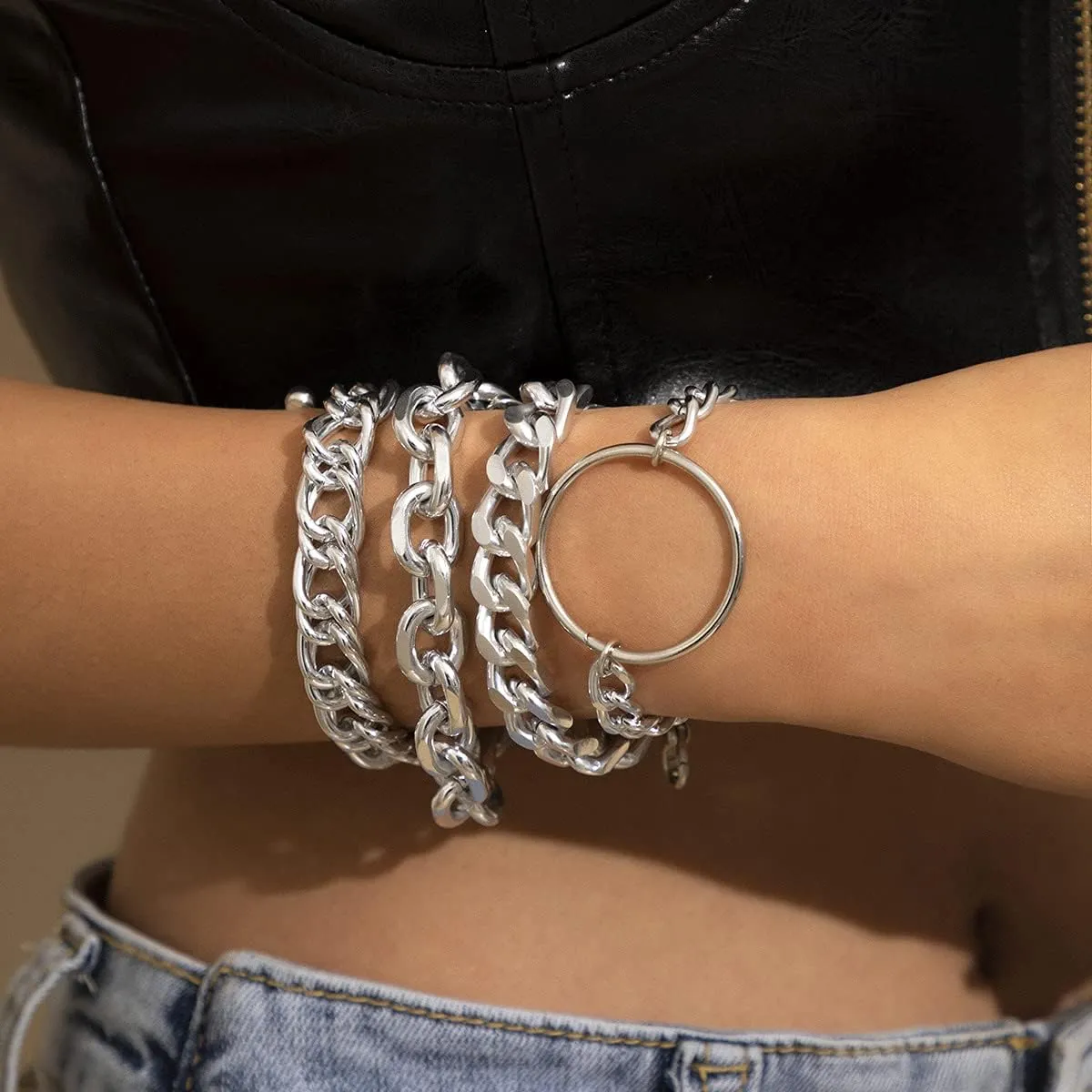Chunky Gold Chain Bracelets for Women,Trendy Gold Silver Chain Stacking Bracelets Punk Cuban Link Chain Bracelet Sets Fashion Gold Statement Bangle Bracelets Jewelry