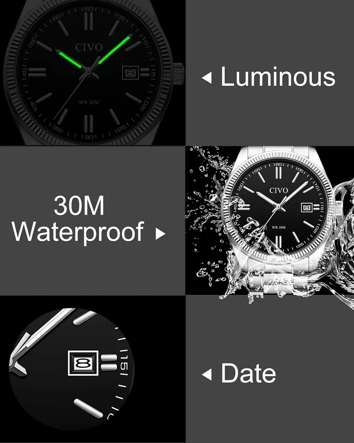 CIVO Analog Mens Watches Silver: Wrist Watches with Date Easy to Read - Dress Stainless Steel Watch for Men Gifts for Husband Father at Birthday Anniversary