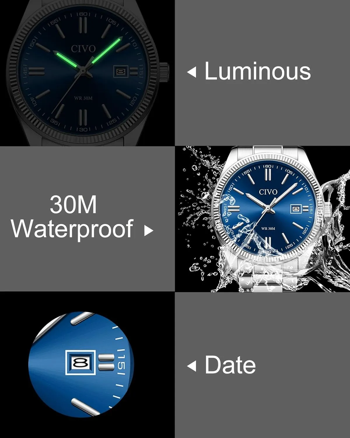 CIVO Analog Mens Watches Silver: Wrist Watches with Date Easy to Read - Dress Stainless Steel Watch for Men Gifts for Husband Father at Birthday Anniversary