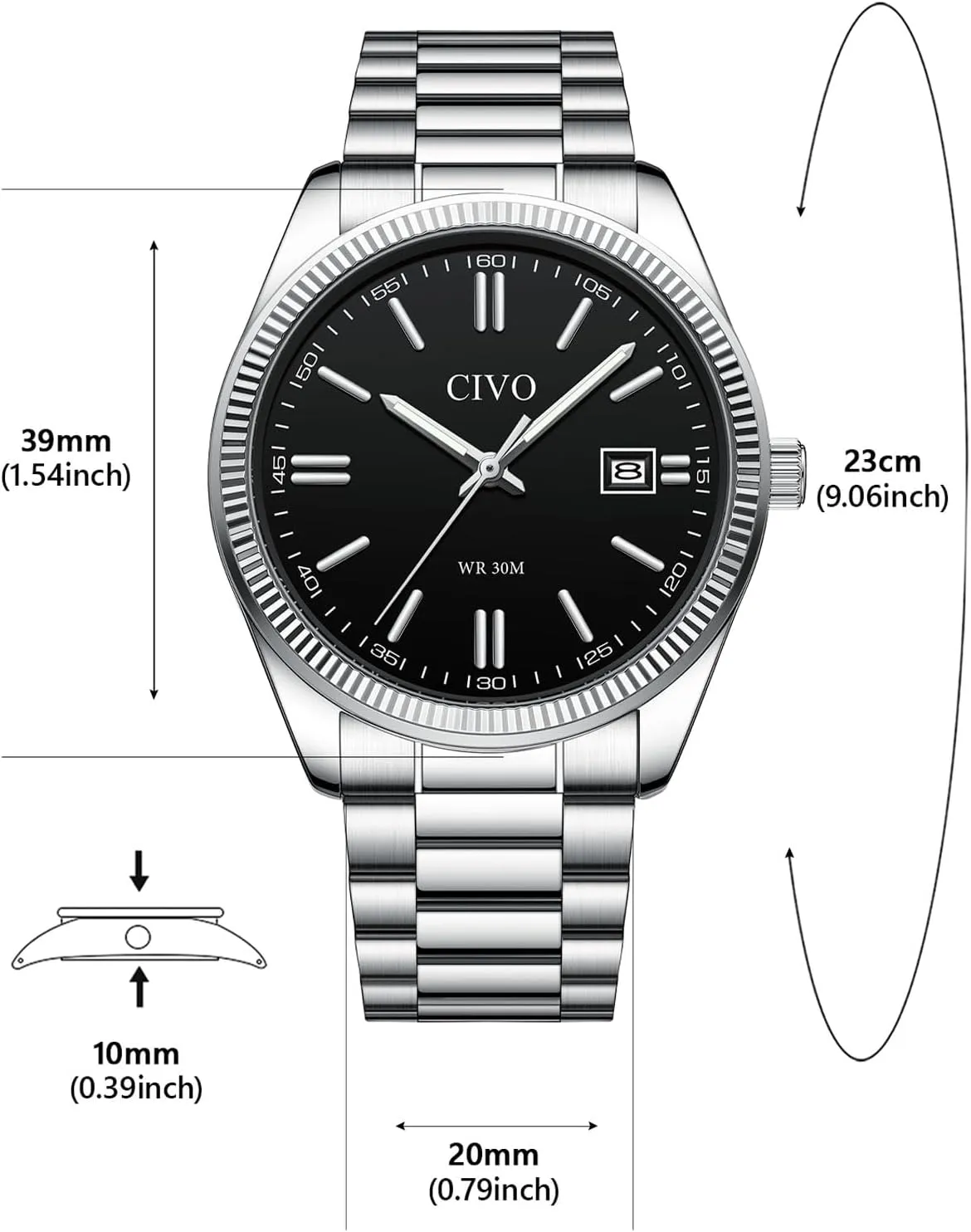 CIVO Analog Mens Watches Silver: Wrist Watches with Date Easy to Read - Dress Stainless Steel Watch for Men Gifts for Husband Father at Birthday Anniversary