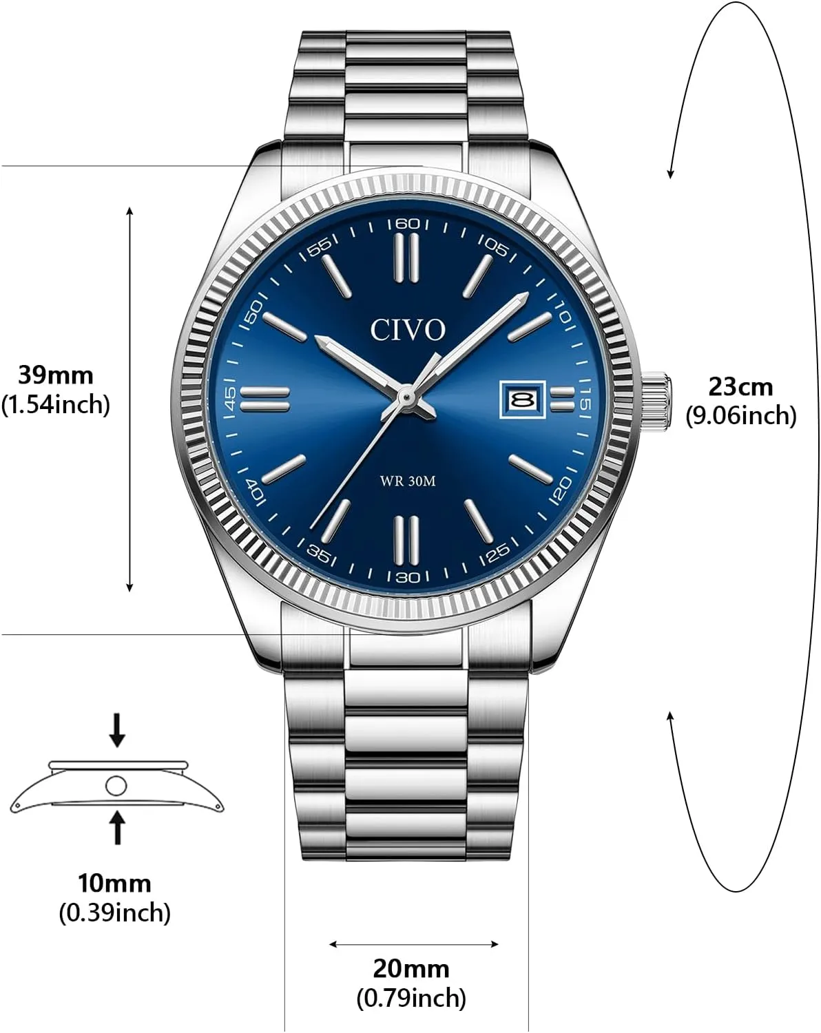CIVO Analog Mens Watches Silver: Wrist Watches with Date Easy to Read - Dress Stainless Steel Watch for Men Gifts for Husband Father at Birthday Anniversary