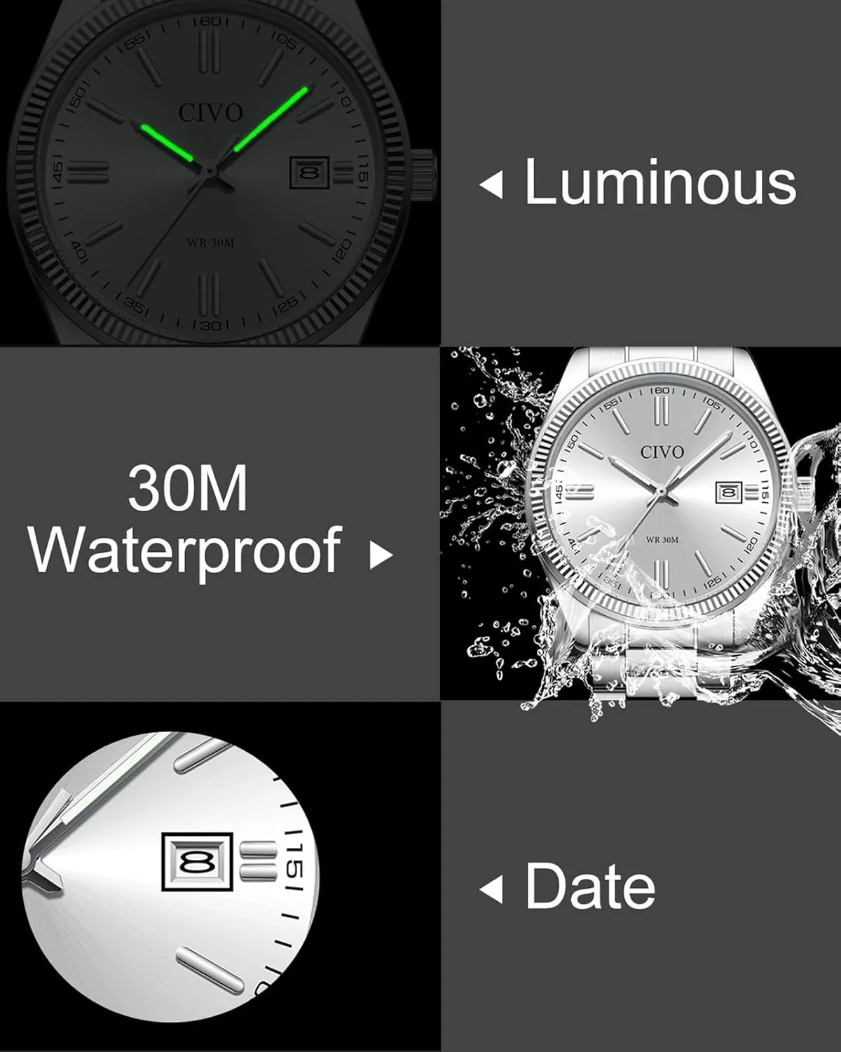 CIVO Analog Mens Watches Silver: Wrist Watches with Date Easy to Read - Dress Stainless Steel Watch for Men Gifts for Husband Father at Birthday Anniversary