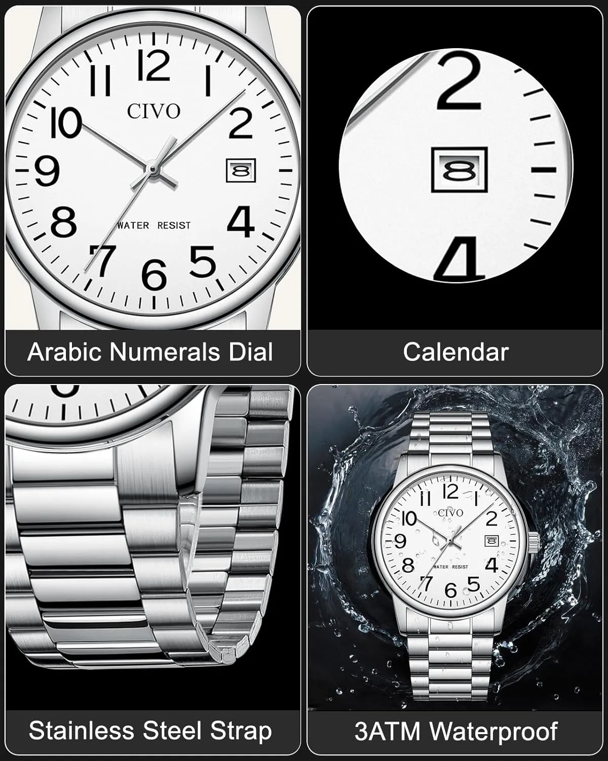 CIVO Watches for Men Analog Quartz: Waterproof Watch with Numeral Dial Easy to Read - Silver Watch for Business Casual - Dress Classic Mens Wrist Watch