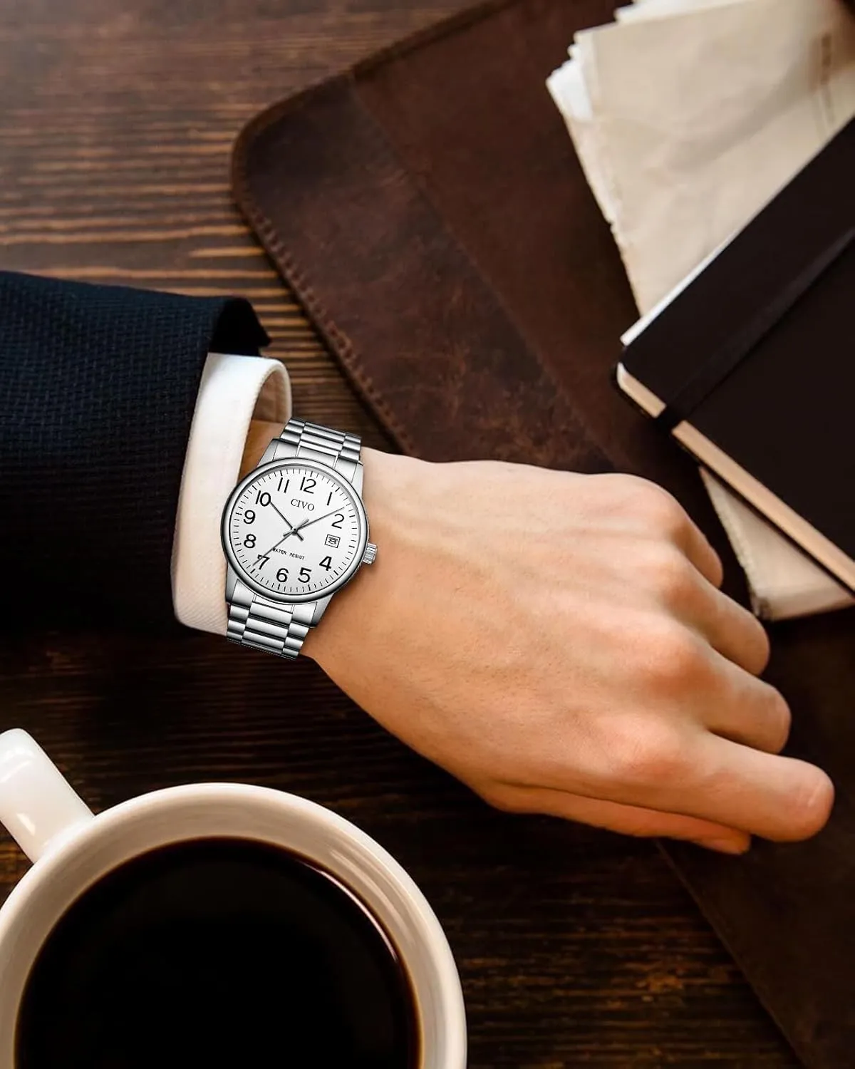 CIVO Watches for Men Analog Quartz: Waterproof Watch with Numeral Dial Easy to Read - Silver Watch for Business Casual - Dress Classic Mens Wrist Watch
