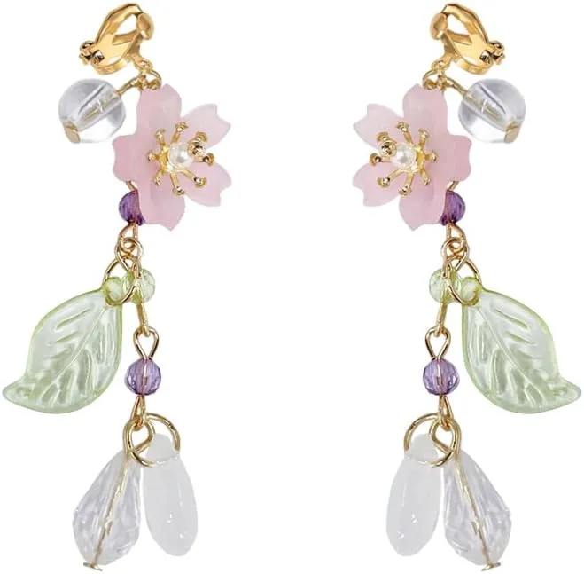 Clip on Pink Flower Pearl Leaf Long Fake Dangle Drop Earrings for Women Non Pierced Ear Dainty Cute Gold Plated Sakura Flower Statement Tassel Dangling Earrings Hypoallergenic Lightweight Fashion Trendy Jewelry