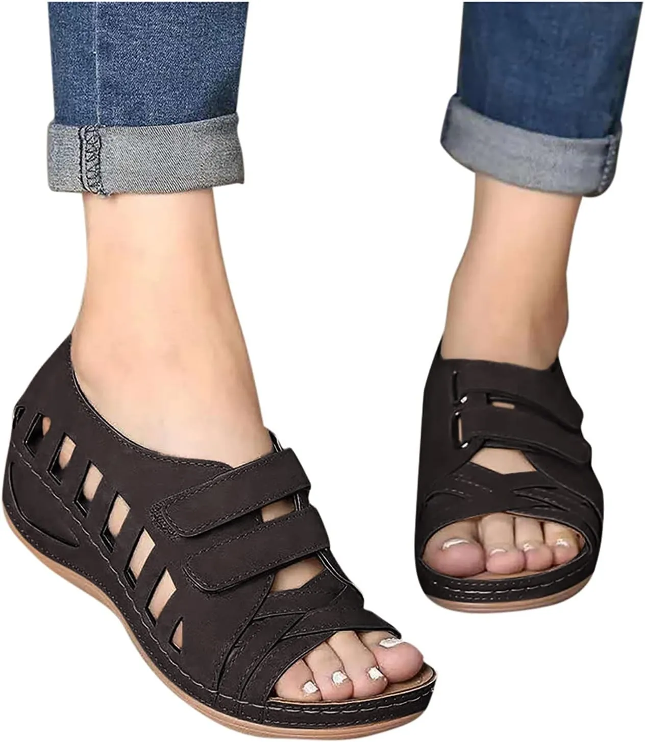 Closed Toe Wedge Sandals with Arch Support Summer Dressy Orthopedic Sandals Comfortable Hollow Out Cross Strap Dress Shoes