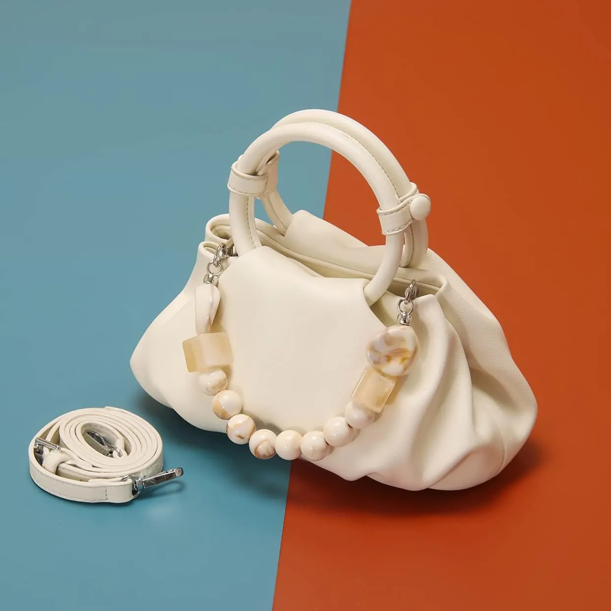 Cloud Clutch Purses for Women Soft Leather Dumpling Bag Beaded Slouchy Pouch Bag Small Handbag Crossbody Purse
