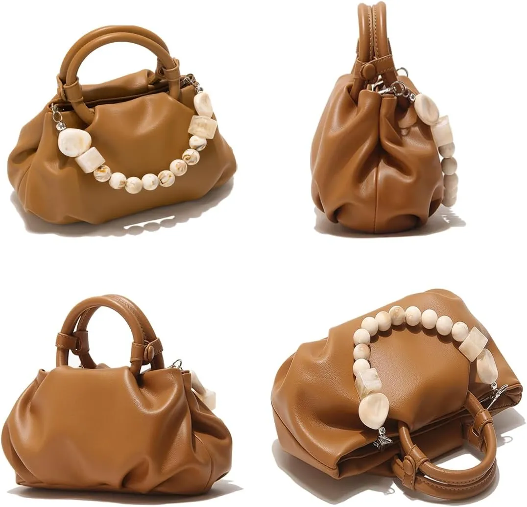Cloud Clutch Purses for Women Soft Leather Dumpling Bag Beaded Slouchy Pouch Bag Small Handbag Crossbody Purse