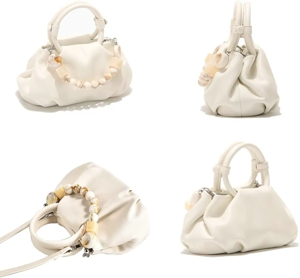 Cloud Clutch Purses for Women Soft Leather Dumpling Bag Beaded Slouchy Pouch Bag Small Handbag Crossbody Purse