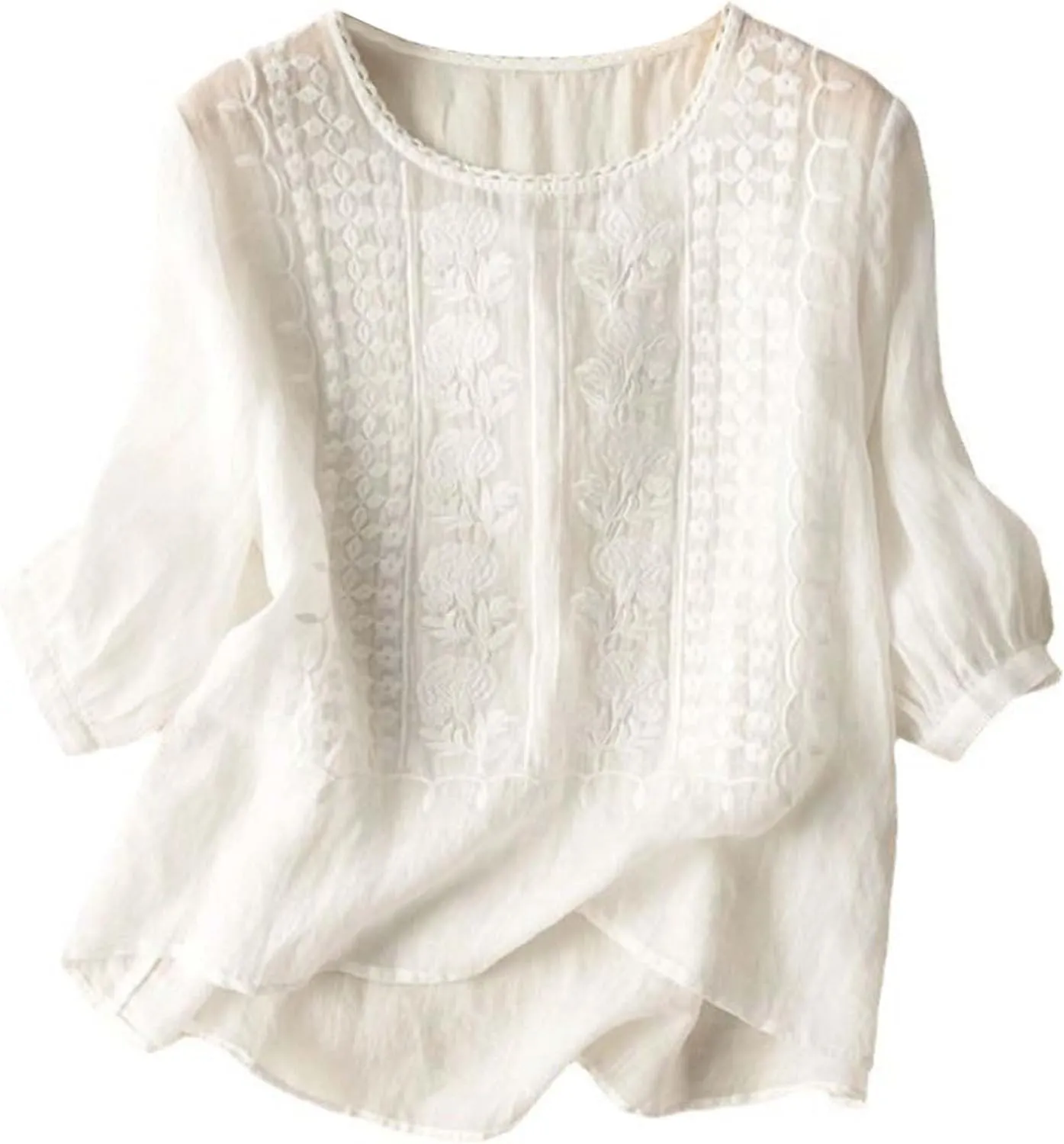 Cotton Linen Shirts for Women 2025 Trendy Summer Retro Embroidered 3/4 Sleeve Boho Blouse Dressy Casual Vacation Top
