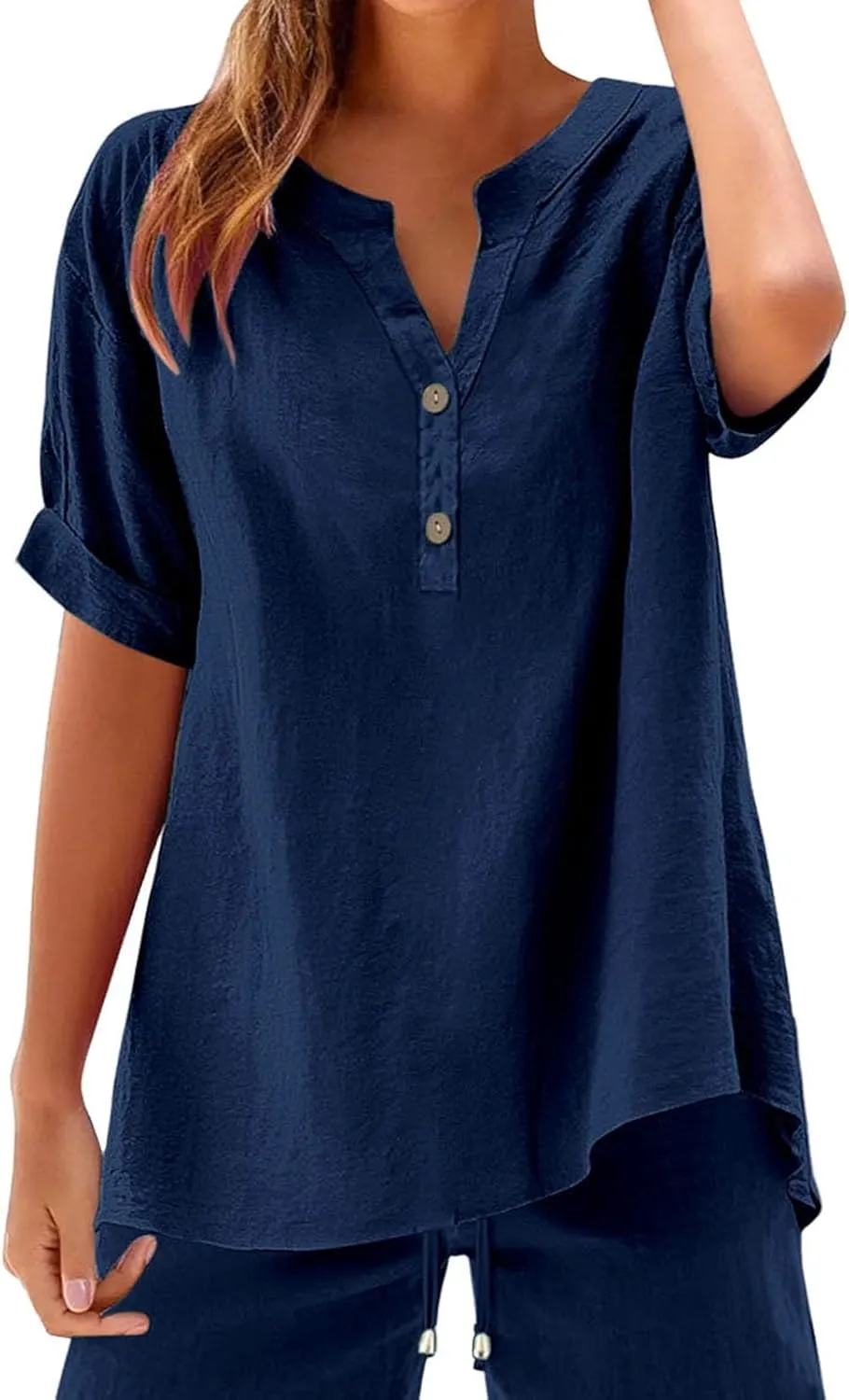 Cotton Linen Shirts for Women Button Down Roll Up Short Sleeve Lapel Collar V Neck Tops Loose Casual Flowy Blouses