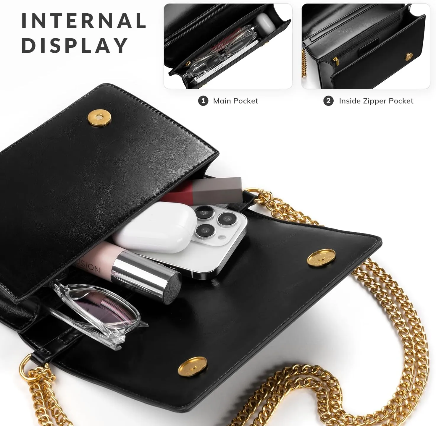 Crossbody Purse for Women Black Quilted Patent Leather Trendy Clutch Bag with Gold Chain for Night Out Party