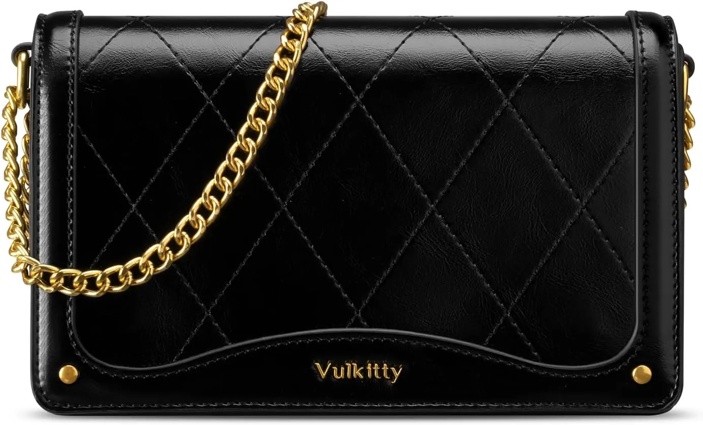 Crossbody Purse for Women Black Quilted Patent Leather Trendy Clutch Bag with Gold Chain for Night Out Party