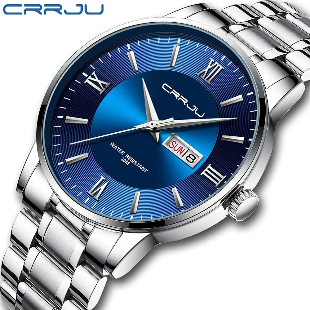 CRRJU Men's Fashion Luxury Stainless Steel Watches for Men Business Auto Date Chronograph Analog Quartz Wristwatches