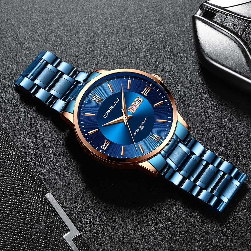 CRRJU Men's Fashion Luxury Stainless Steel Watches for Men Business Auto Date Chronograph Analog Quartz Wristwatches