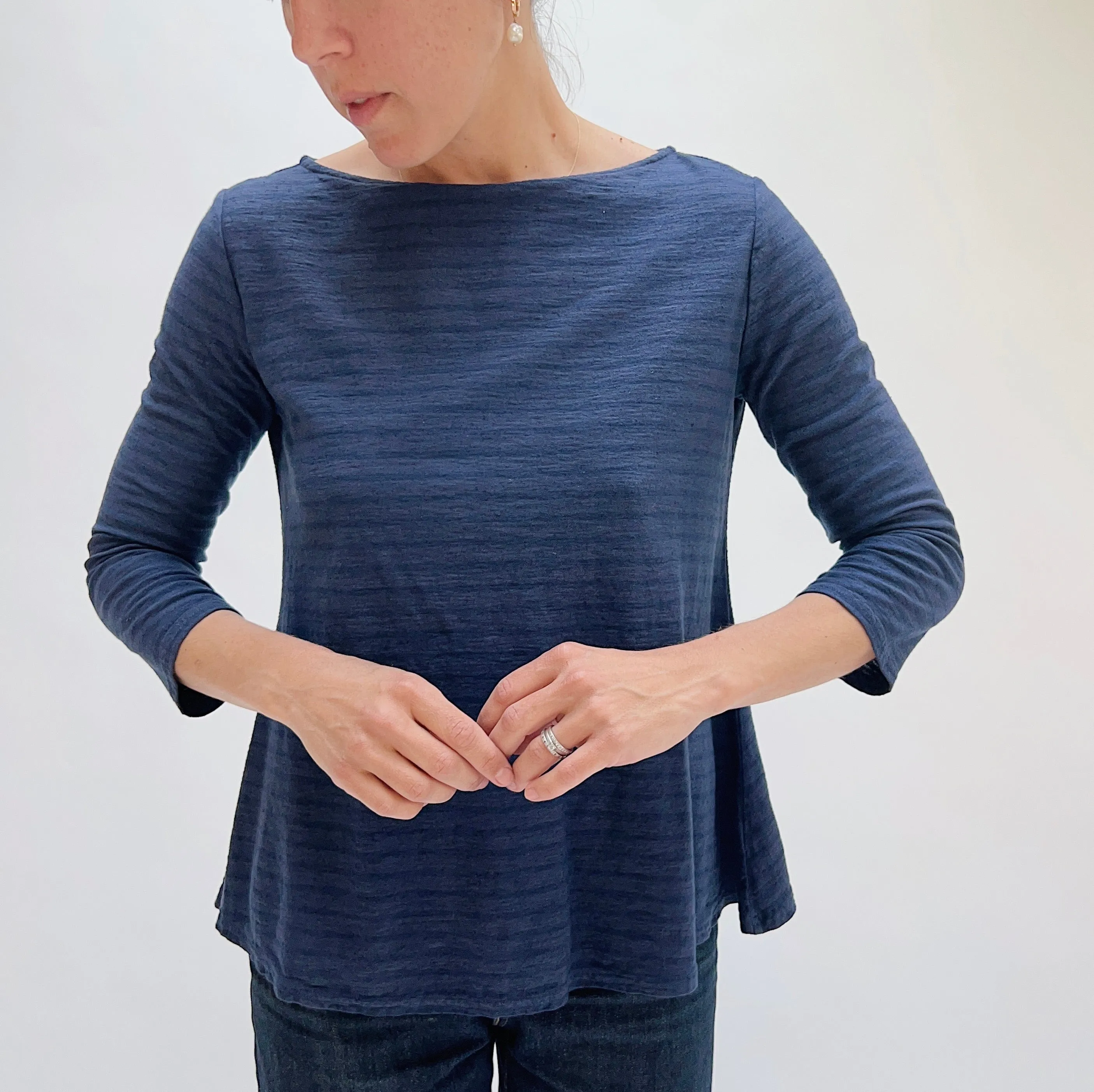 Cut Loose | 3/4 Sleeve A-Line Boatneck Linen Blend Top in Nightsky Stripe