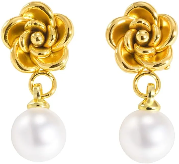 Dainty Flower Pearl Dangle Drop Earrings for Women Elegant 14k Gold Plated Stainless Steel Floral Faux Pearl Statement Dangling Studs Holiday Prom Costume Jewelry Accessories