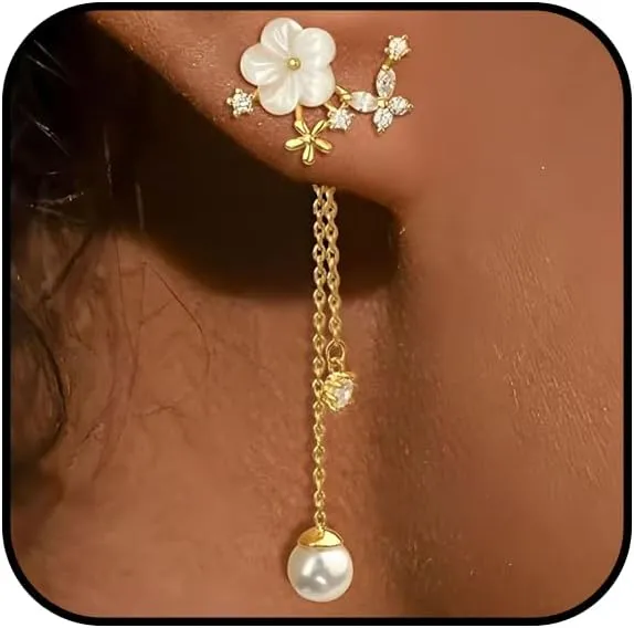 Dangle Flower Earrings for Women Trendy Dangle Pearl Drop Earrings Dainty Floral Spring Earring Fashion Jewelry Statement Cubic Zirconia Wedding Prom Jewelry