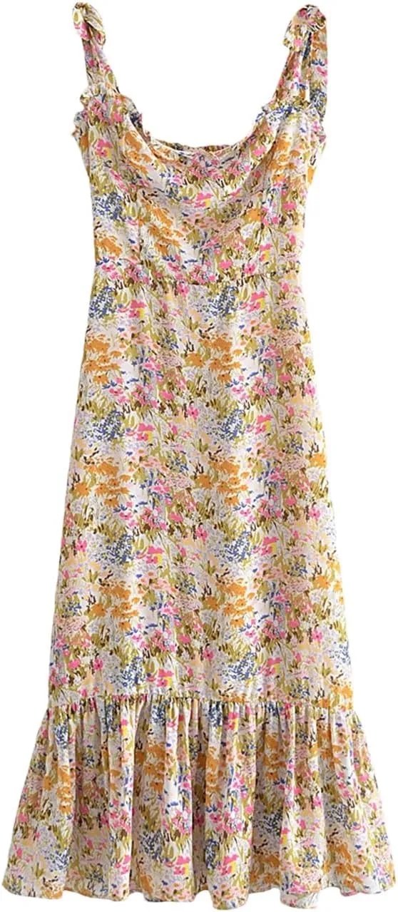 DBFBDTU Women Holiday Style Floral Print Ruffles Elastic Waist Lace-Up Slip Dress Mini Flower Dress
