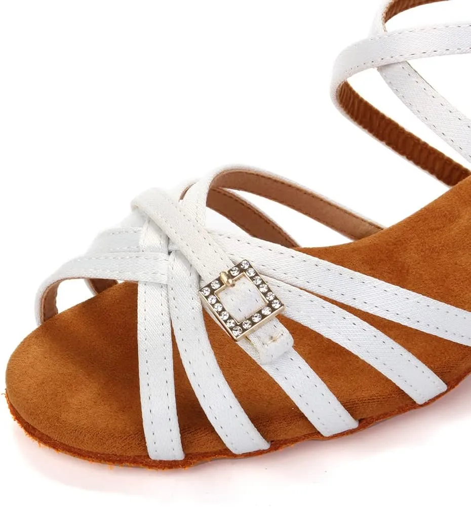 DKZSYIM Girls&Women's Satin Latin Dance Shoes Ballroom Performance Shoes,Model WZJTL