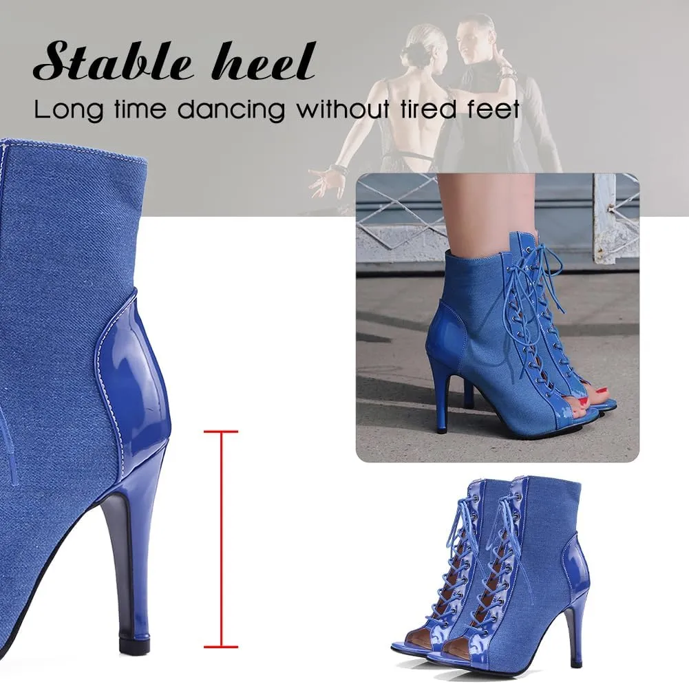 DKZSYIM Open Toe Dance Boots Women Latin Salsa Ballroom Lace-up Ankle Dance Shoes,Model DS-B53