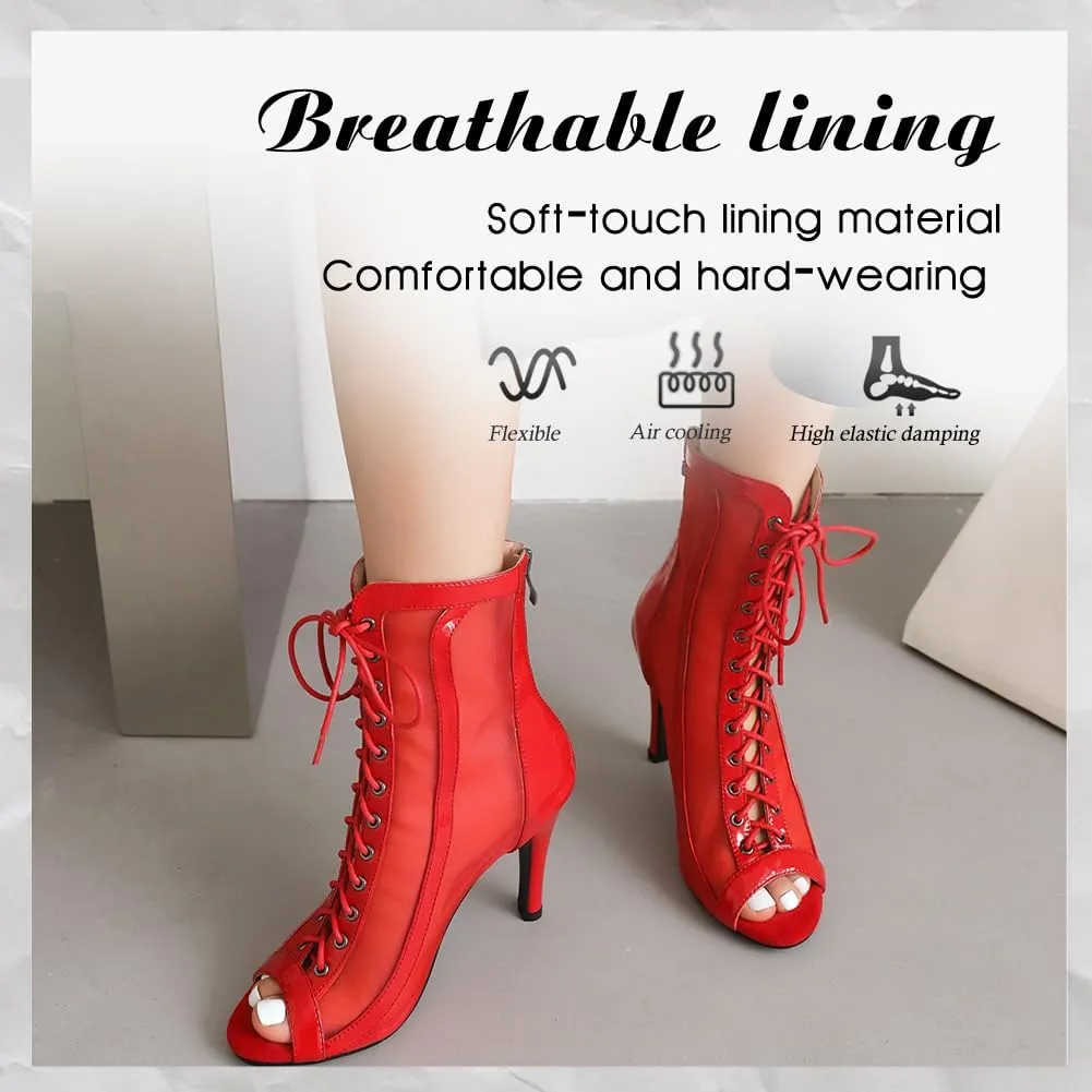 DKZSYIM Open Toe Dance Boots Women Latin Salsa Ballroom Lace-up Ankle Dance Shoes,Model DS953