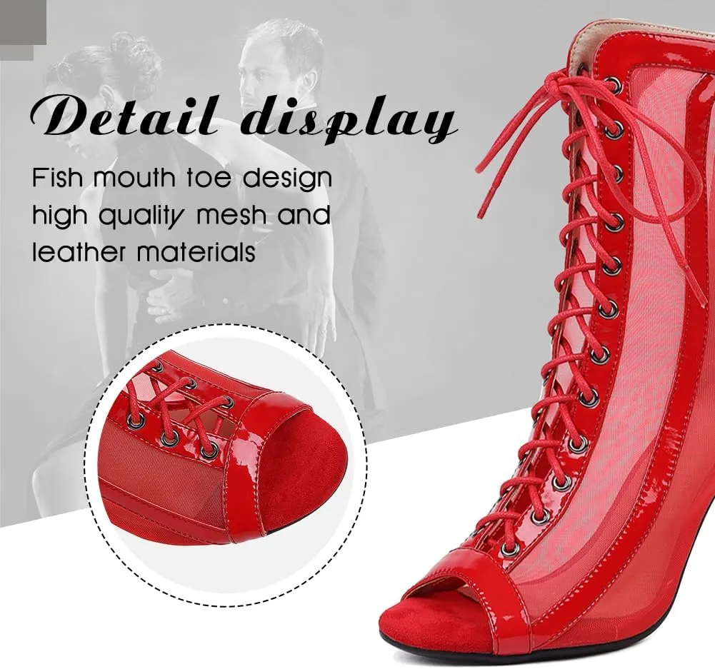 DKZSYIM Open Toe Dance Boots Women Latin Salsa Ballroom Lace-up Ankle Dance Shoes,Model DS953
