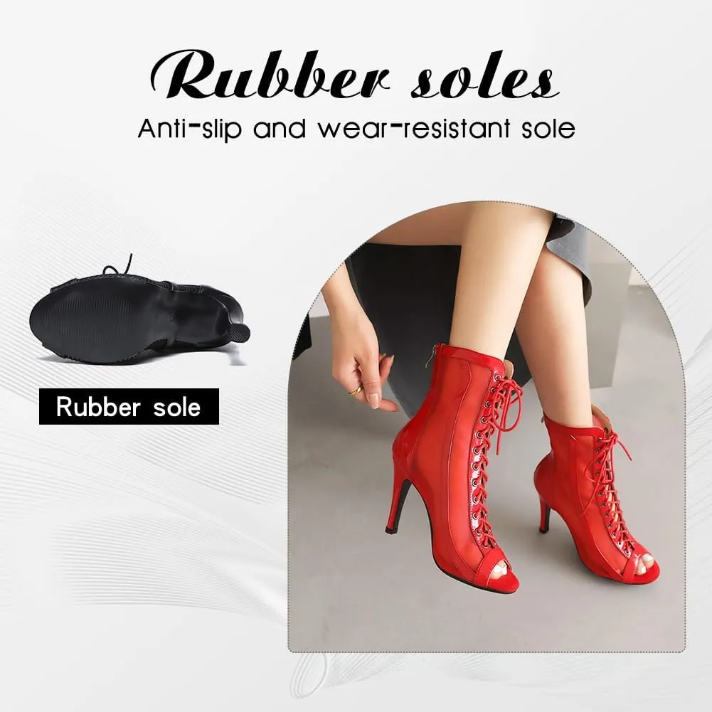 DKZSYIM Open Toe Dance Boots Women Latin Salsa Ballroom Lace-up Ankle Dance Shoes,Model DS953