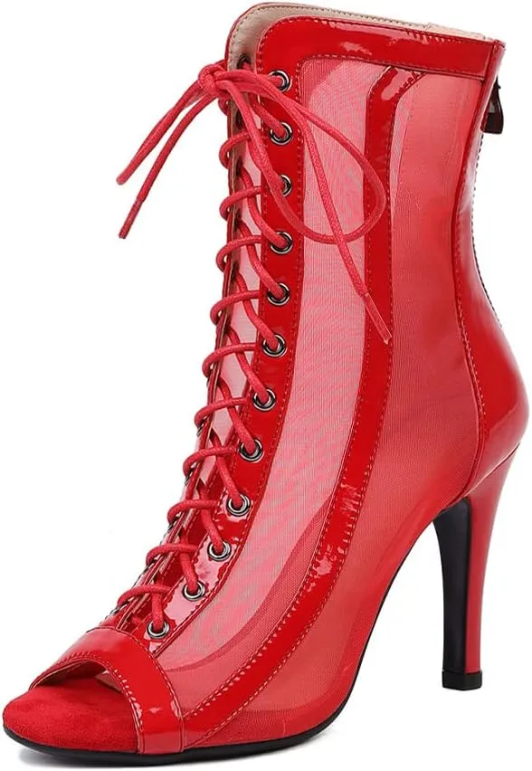DKZSYIM Open Toe Dance Boots Women Latin Salsa Ballroom Lace-up Ankle Dance Shoes,Model DS953