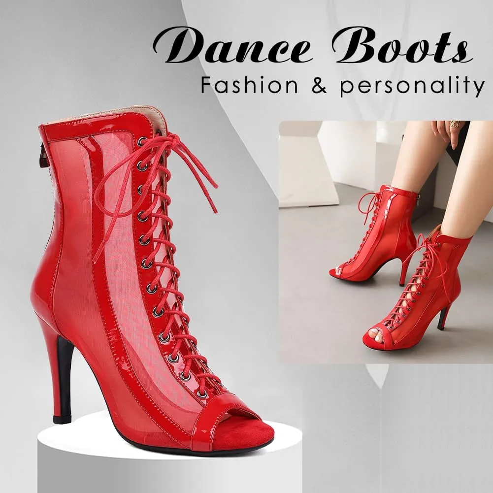 DKZSYIM Open Toe Dance Boots Women Latin Salsa Ballroom Lace-up Ankle Dance Shoes,Model DS953