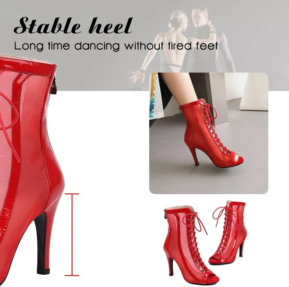 DKZSYIM Open Toe Dance Boots Women Latin Salsa Ballroom Lace-up Ankle Dance Shoes,Model DS953