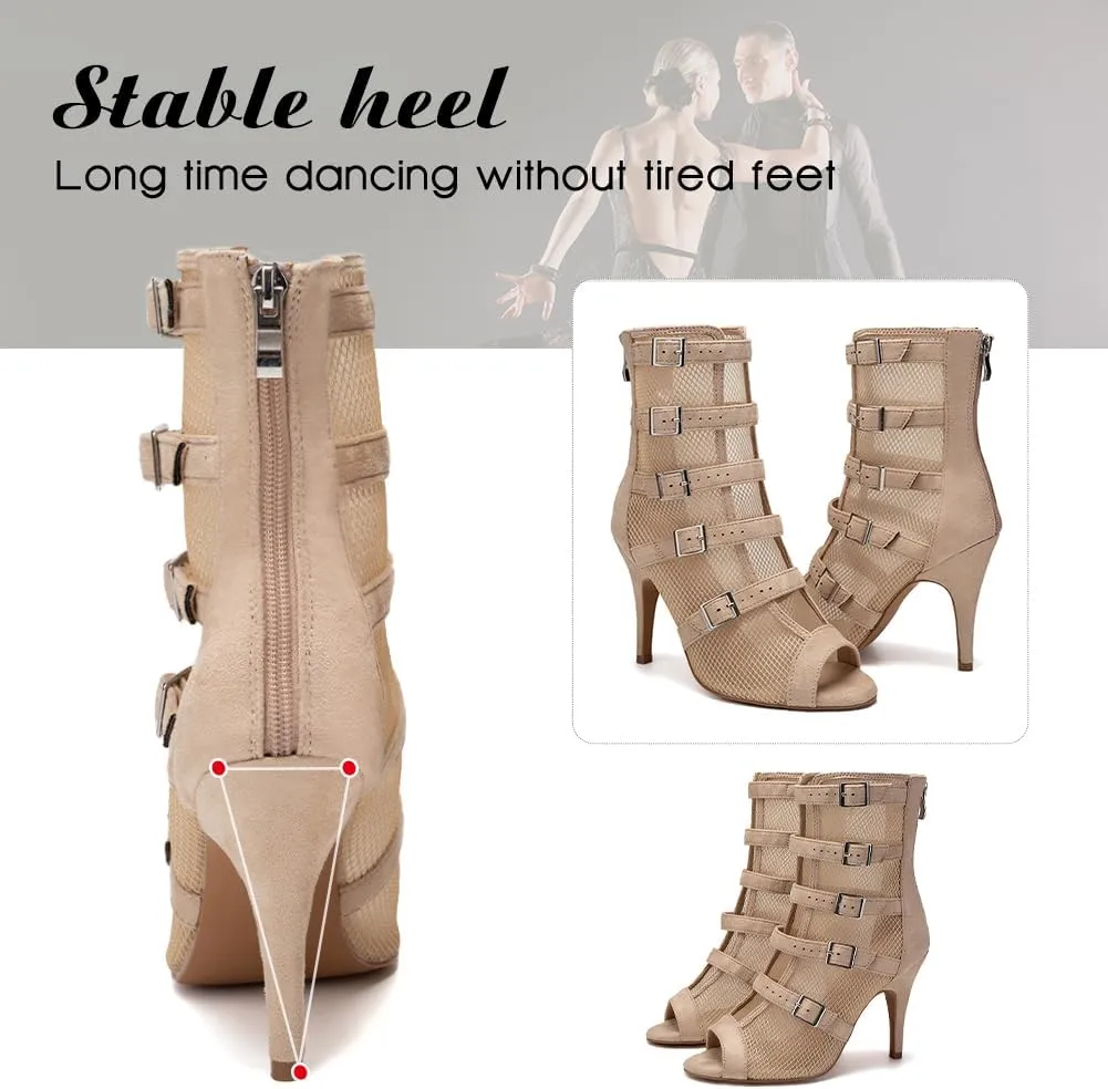 DKZSYIM Open Toe Dance Boots Women Latin Salsa Ballroom Lace-up Ankle Dance Shoes,Model QJWY006