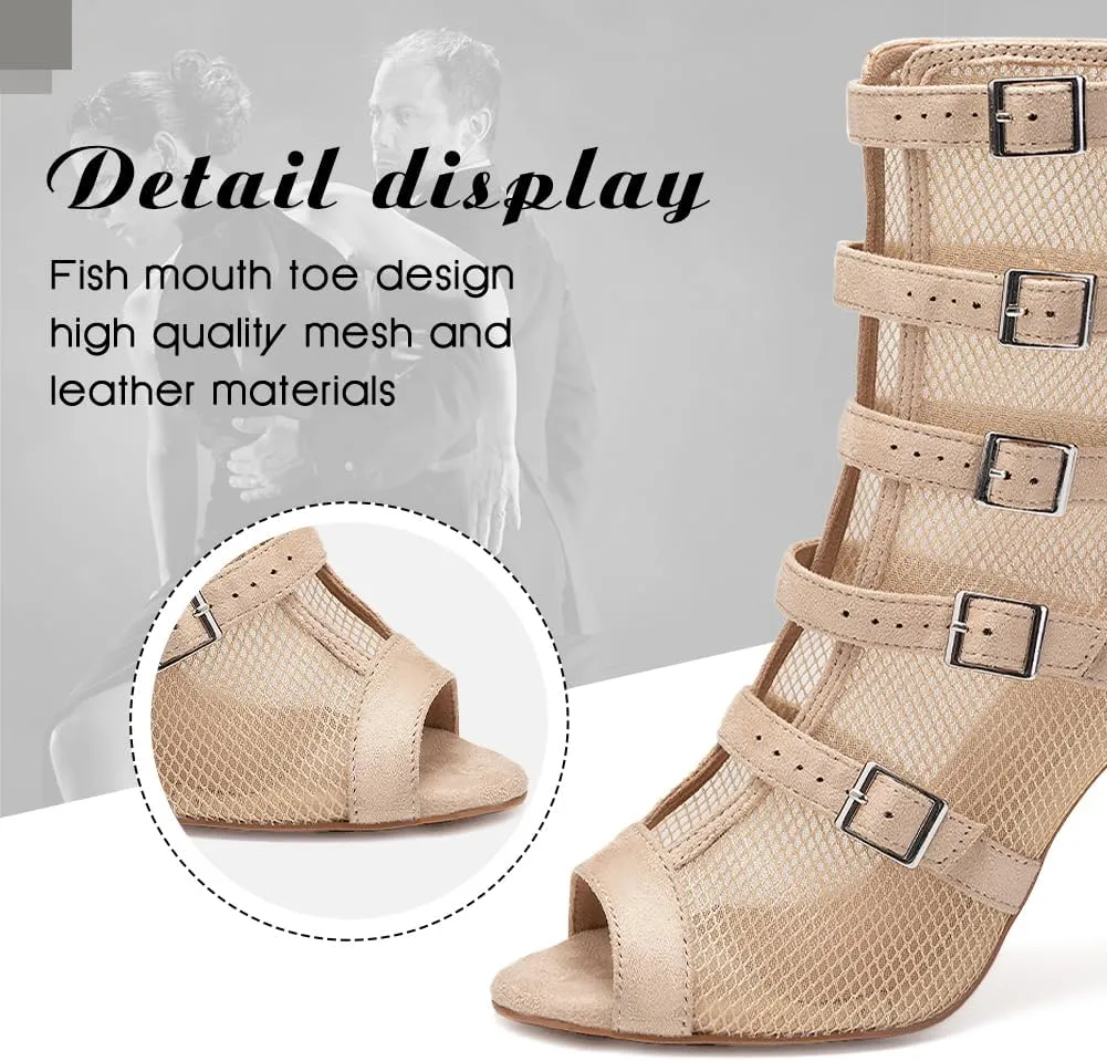 DKZSYIM Open Toe Dance Boots Women Latin Salsa Ballroom Lace-up Ankle Dance Shoes,Model QJWY006