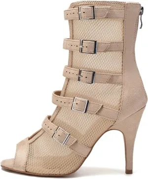 DKZSYIM Open Toe Dance Boots Women Latin Salsa Ballroom Lace-up Ankle Dance Shoes,Model QJWY006