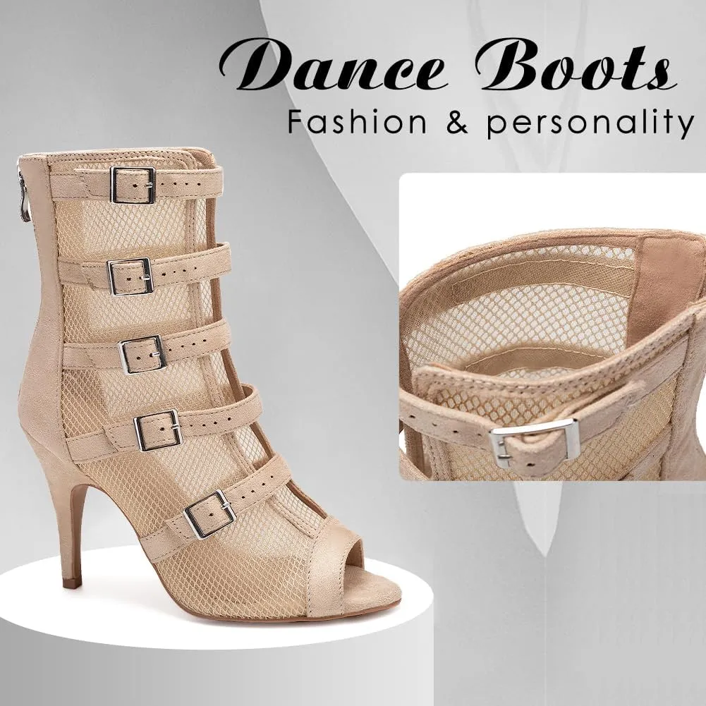 DKZSYIM Open Toe Dance Boots Women Latin Salsa Ballroom Lace-up Ankle Dance Shoes,Model QJWY006