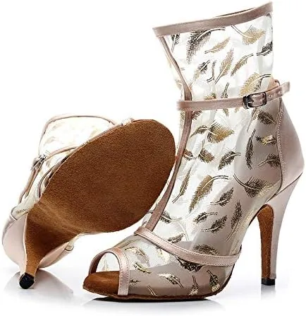 DKZSYIM Women's Ballroom Dance Shoes 3 1/3 Inch High Heel Ankle Booties Performance Dance Boots,Model QJW1052