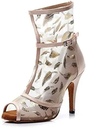 DKZSYIM Women's Ballroom Dance Shoes 3 1/3 Inch High Heel Ankle Booties Performance Dance Boots,Model QJW1052