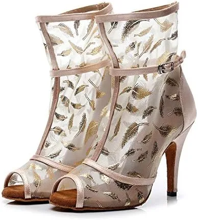 DKZSYIM Women's Ballroom Dance Shoes 3 1/3 Inch High Heel Ankle Booties Performance Dance Boots,Model QJW1052