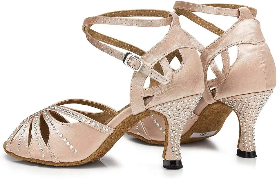 DKZSYIM Women's Latin Dance Shoes Ballroom Performance Rhinestone Ankle Dance Shoes,Model YCL162