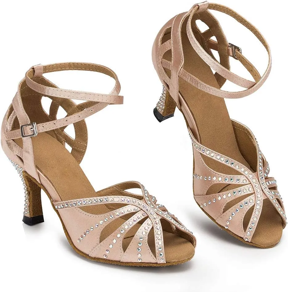 DKZSYIM Women's Latin Dance Shoes Ballroom Performance Rhinestone Ankle Dance Shoes,Model YCL162