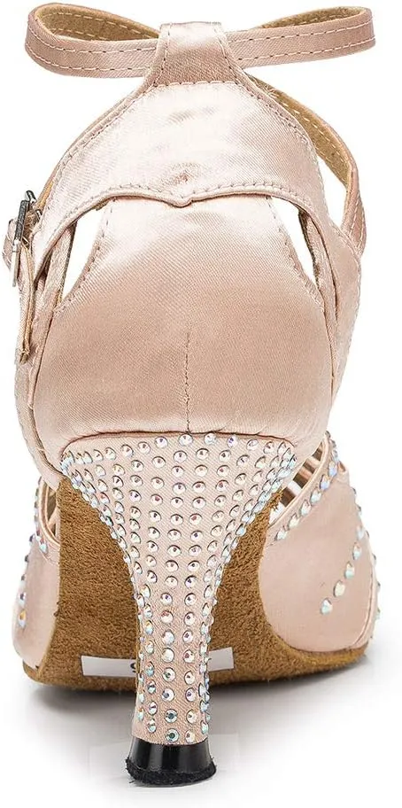 DKZSYIM Women's Latin Dance Shoes Ballroom Performance Rhinestone Ankle Dance Shoes,Model YCL162