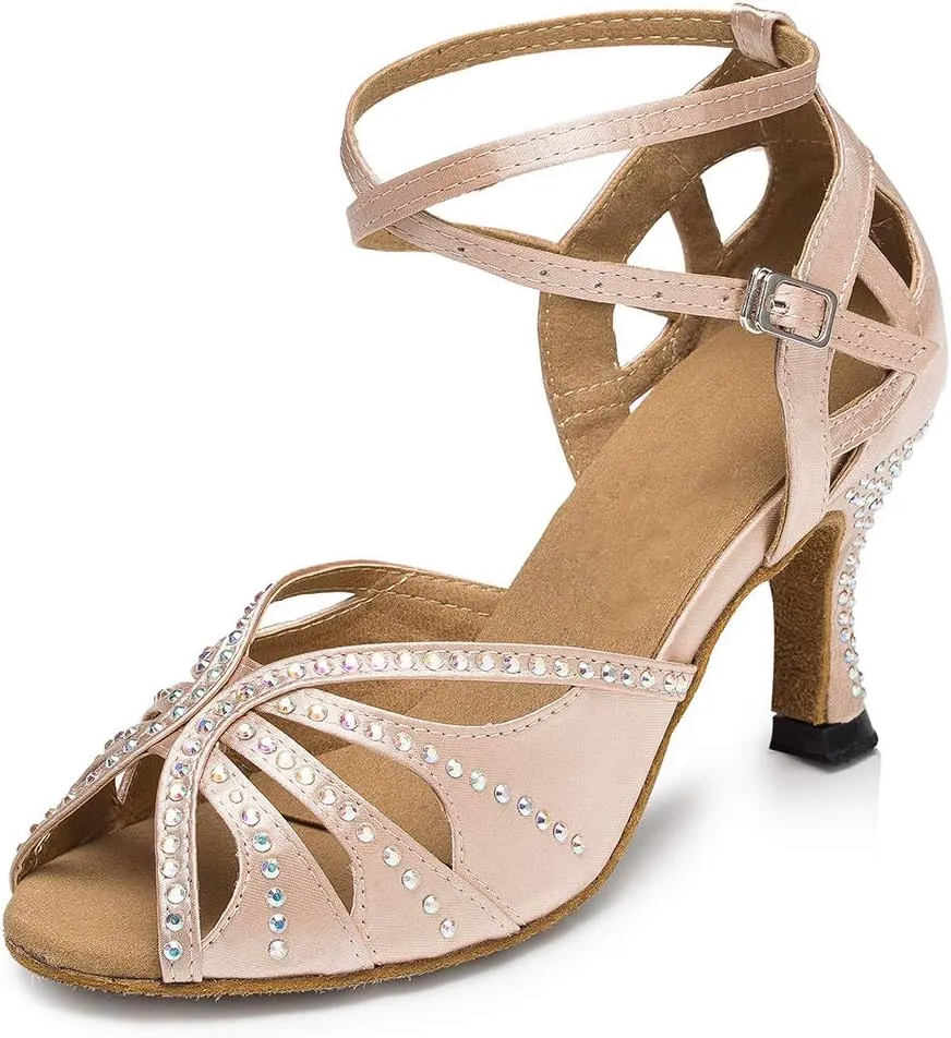 DKZSYIM Women's Latin Dance Shoes Ballroom Performance Rhinestone Ankle Dance Shoes,Model YCL162
