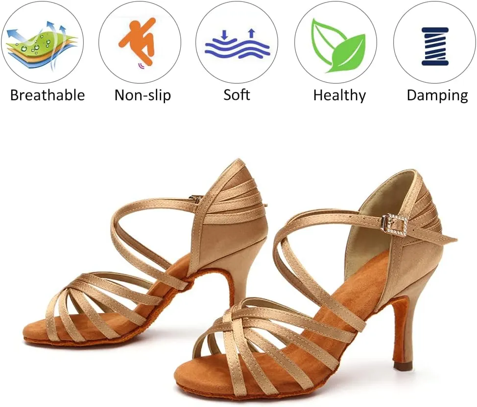 DKZSYIM Women's Satin Latin Dance Shoes Professional Ballroom Salsa Practice Performance Dancing Shoes,Model SS-ZS