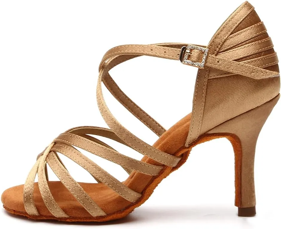 DKZSYIM Women's Satin Latin Dance Shoes Professional Ballroom Salsa Practice Performance Dancing Shoes,Model SS-ZS