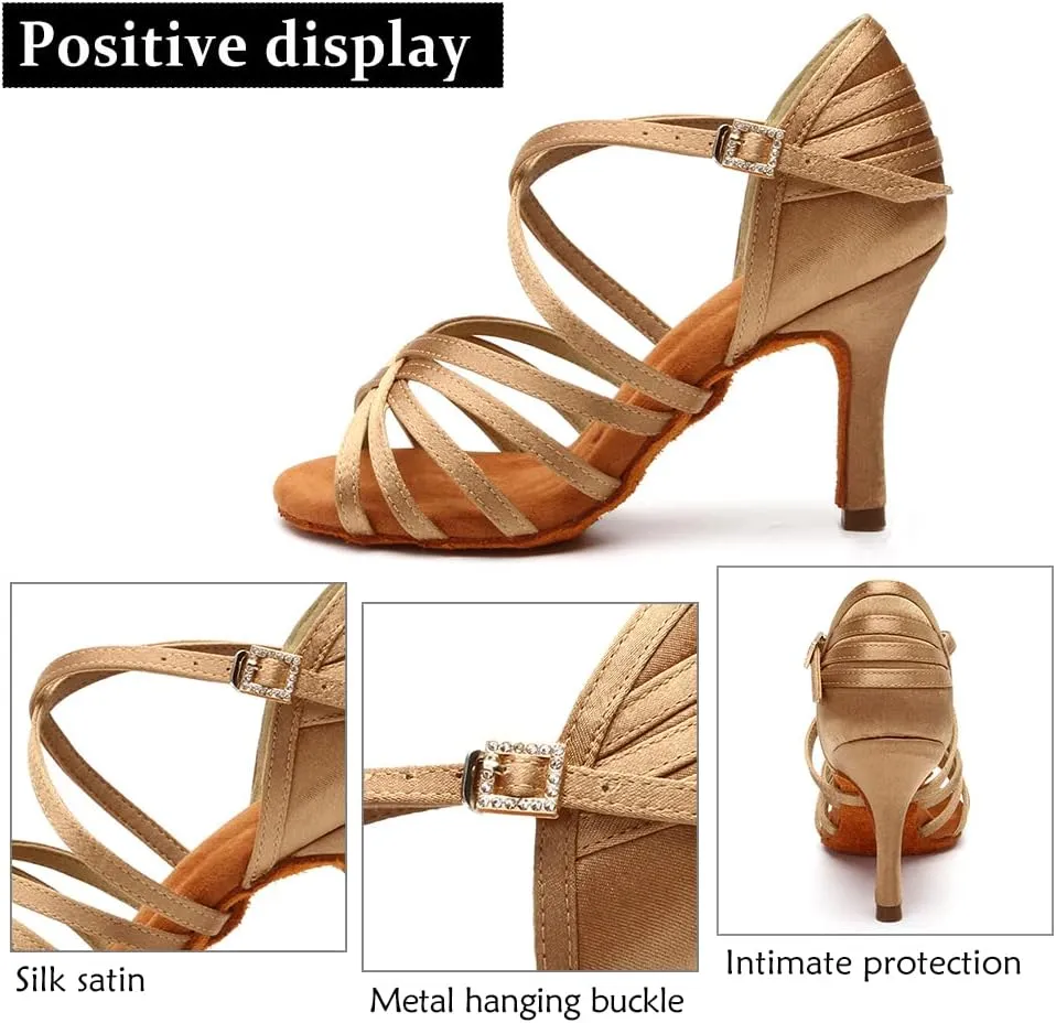 DKZSYIM Women's Satin Latin Dance Shoes Professional Ballroom Salsa Practice Performance Dancing Shoes,Model SS-ZS