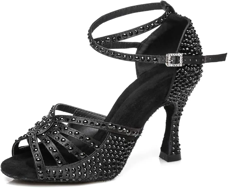 DKZSYIM Women's Satin Latin Dance Shoes Wedding Rhinestone Dance Shoes,Practice Dancing Shoes Model YCL379