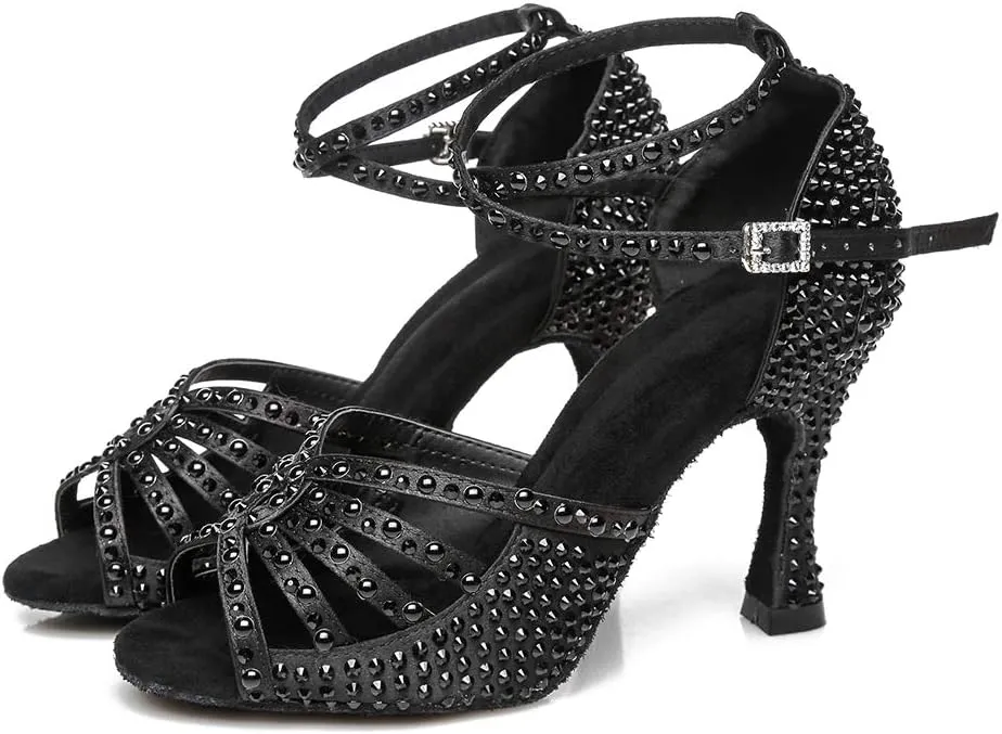 DKZSYIM Women's Satin Latin Dance Shoes Wedding Rhinestone Dance Shoes,Practice Dancing Shoes Model YCL379
