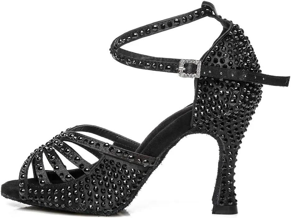 DKZSYIM Women's Satin Latin Dance Shoes Wedding Rhinestone Dance Shoes,Practice Dancing Shoes Model YCL379