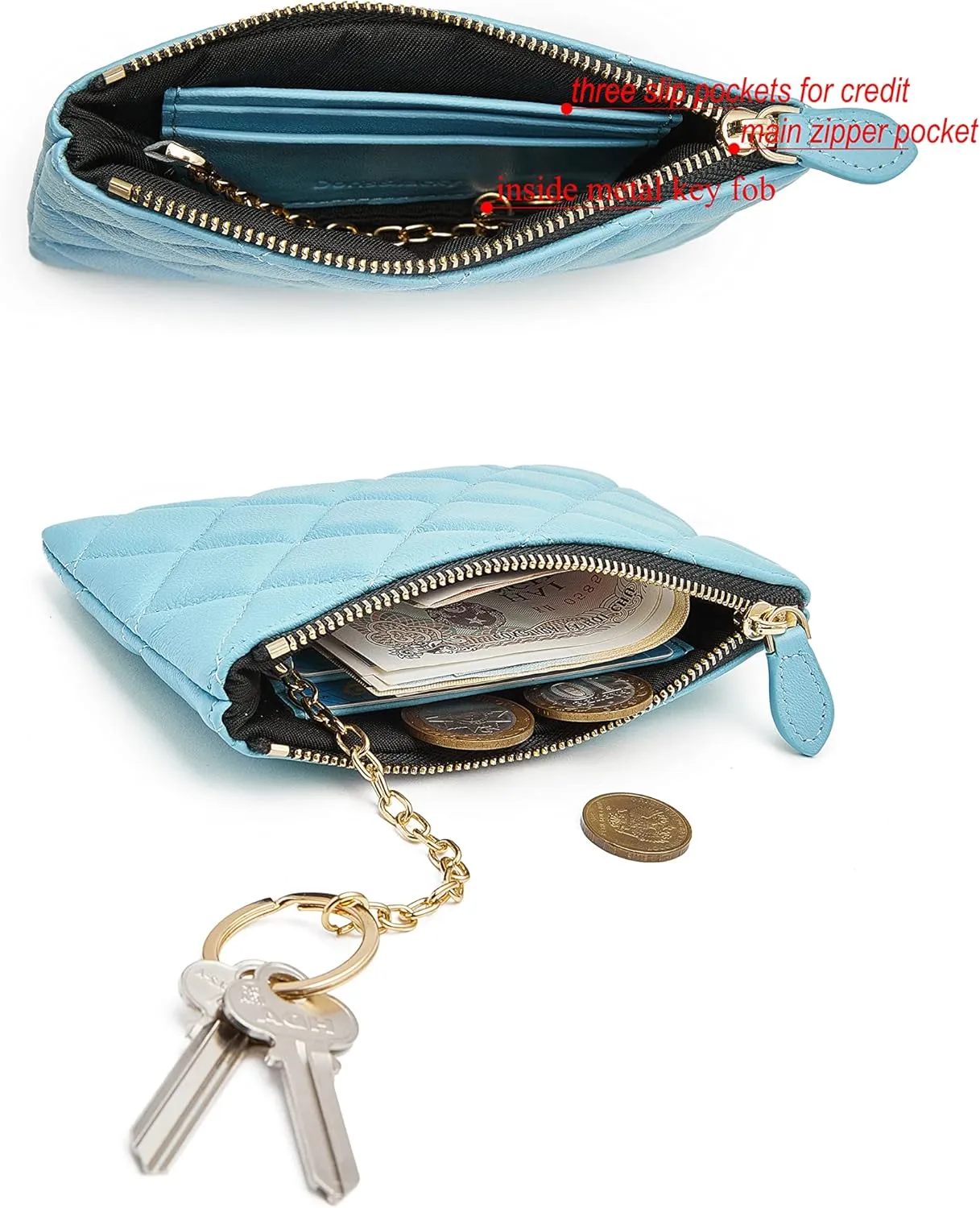 DORIS&JACKY Soft Lambskin Leather Coin Purse Small Quilted RFID Blocking Top Zipper Wallet With Key Chain