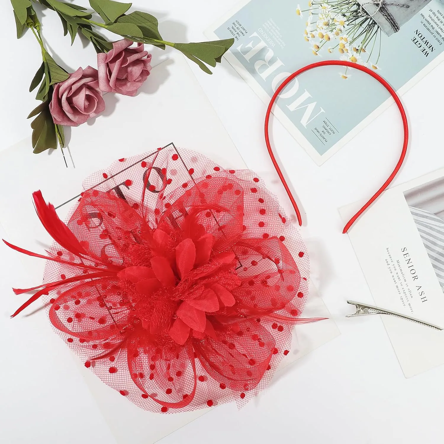 DRESHOW Fascinators Hat Feather Headband Women's Fascinators Tea Party Headwear with Clip Flower Head Band for Girls & Women